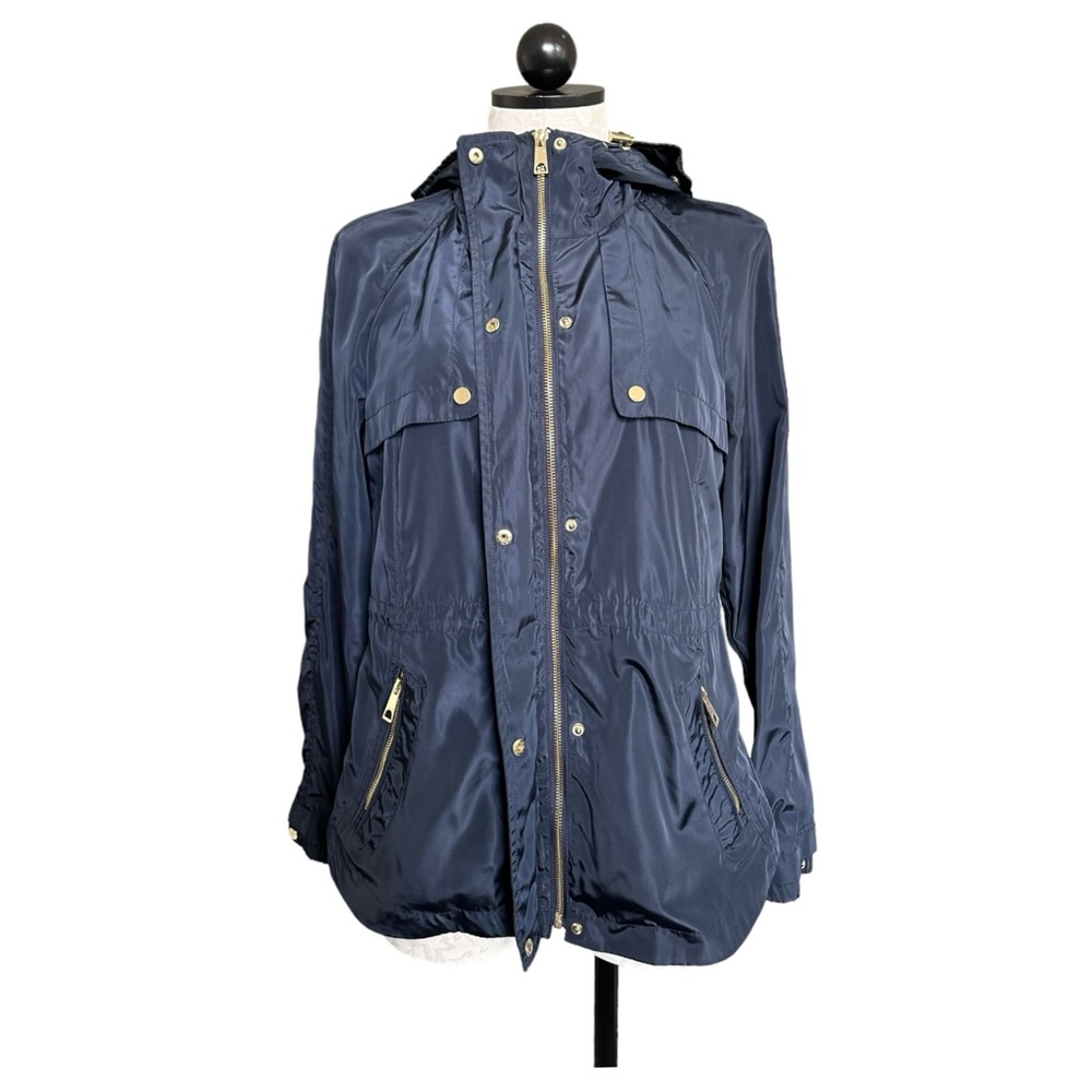 Zara Navy Blue Rain Jacket Hooded Full Zip Gold Tone Zippers & Snaps Size Medium - Picture 8 of 16